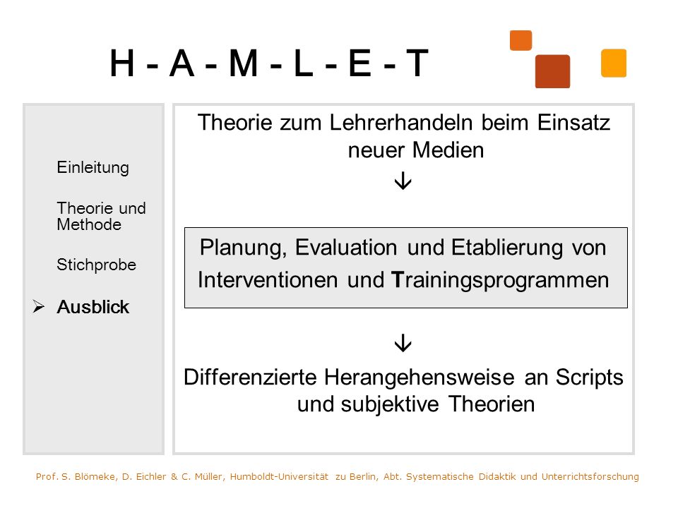 H - A - M - L - E - T Einleitung. Theorie und Methode. Stichprobe. Ausblick. Theorie zum Lehrerhandeln beim Einsatz neuer Medien.