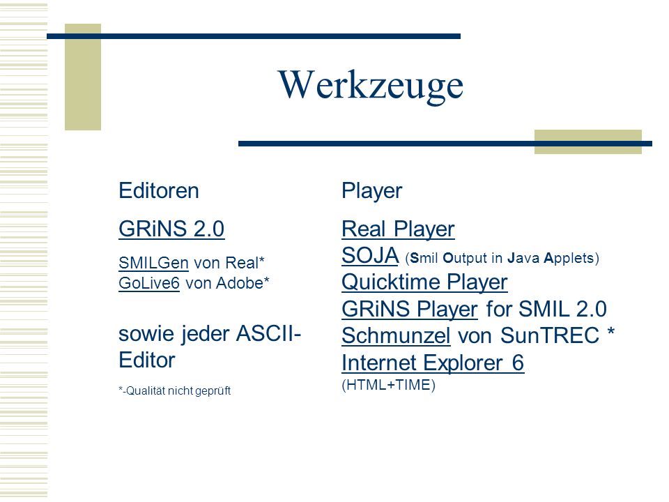 Werkzeuge Editoren GRiNS 2.0 SMILGen von Real* GoLive6 von Adobe* sowie jeder ASCII-Editor *-Qualität nicht geprüft.