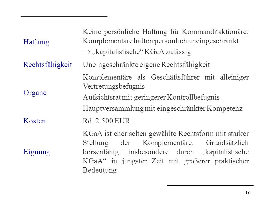 Haftung Keine persönliche Haftung für Kommanditaktionäre; Komplementäre haften persönlich uneingeschränkt.