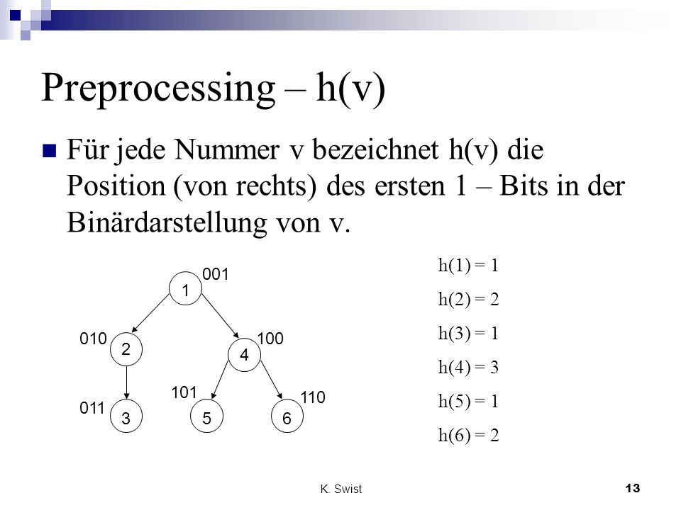 Preprocessing – h(v) Für jede Nummer v bezeichnet h(v) die Position (von rechts) des ersten 1 – Bits in der Binärdarstellung von v.
