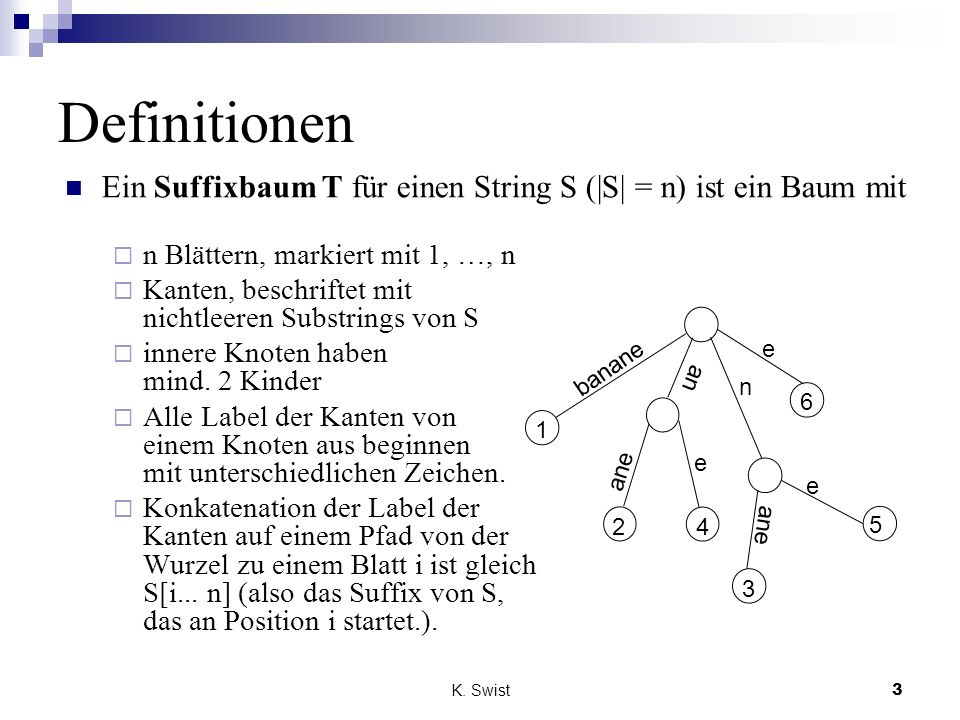 Definitionen Ein Suffixbaum T für einen String S (|S| = n) ist ein Baum mit. n Blättern, markiert mit 1, …, n.