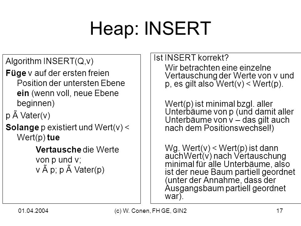Heap: INSERT Ist INSERT korrekt Algorithm INSERT(Q,v)