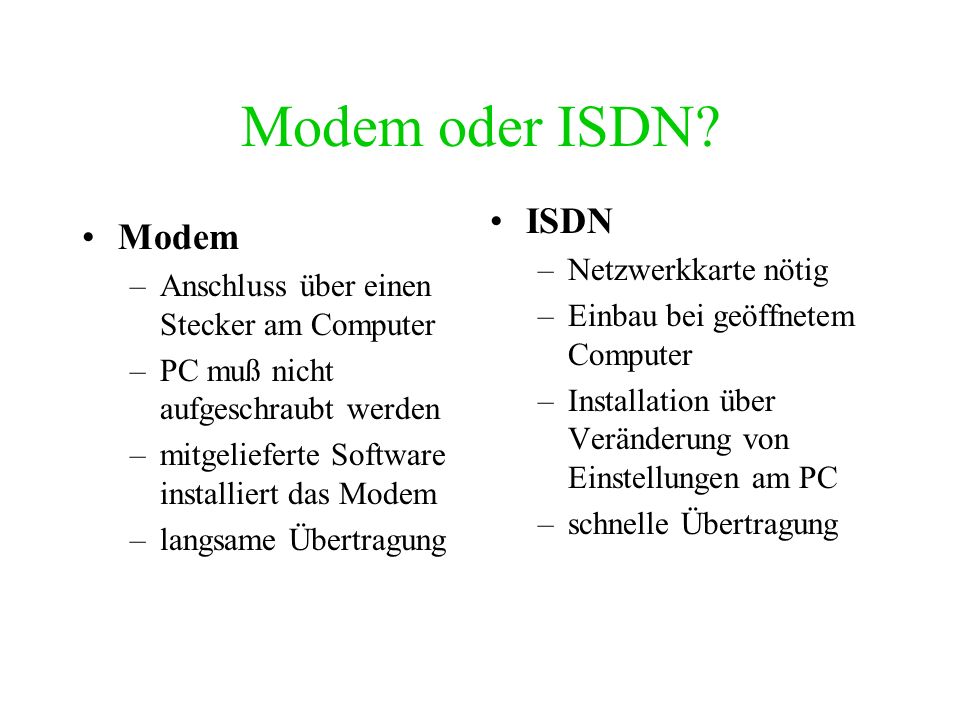 Modem oder ISDN ISDN Modem Netzwerkkarte nötig
