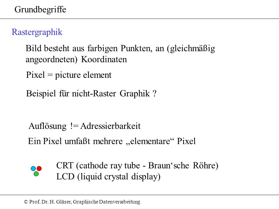 Grundbegriffe Rastergraphik. Bild besteht aus farbigen Punkten, an (gleichmäßig. angeordneten) Koordinaten.