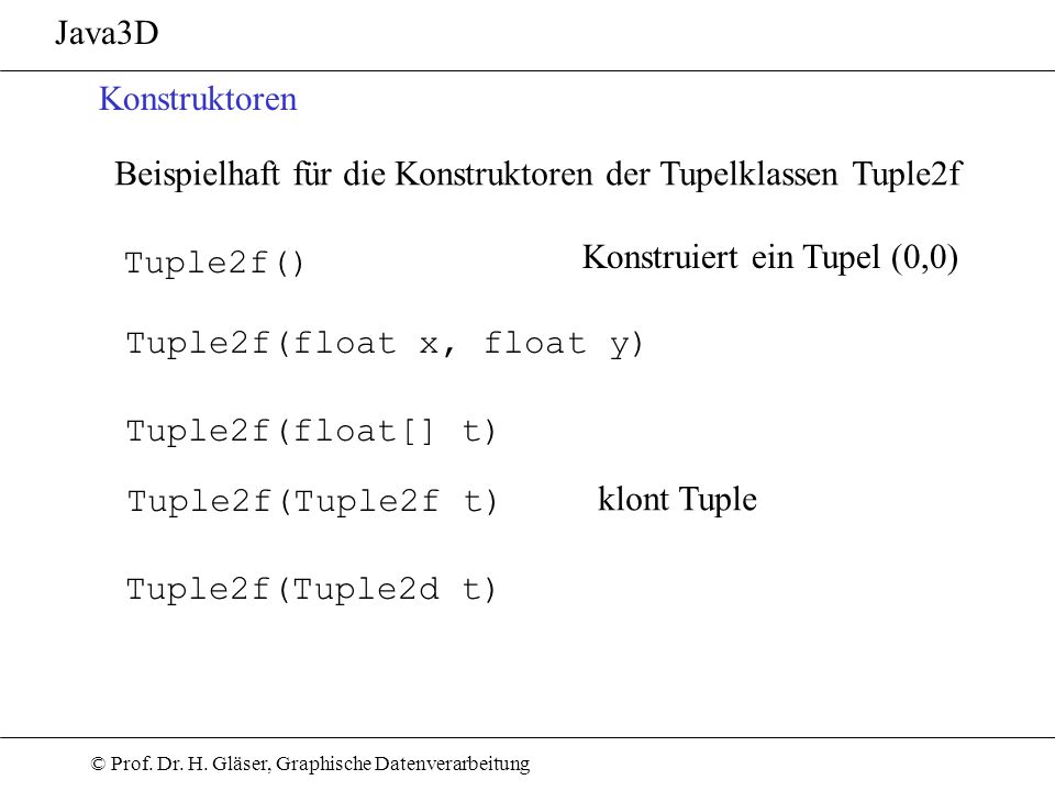 Java3D Konstruktoren. Beispielhaft für die Konstruktoren der Tupelklassen Tuple2f. Konstruiert ein Tupel (0,0)
