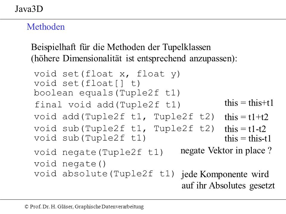 Java3D Methoden. Beispielhaft für die Methoden der Tupelklassen. (höhere Dimensionalität ist entsprechend anzupassen):