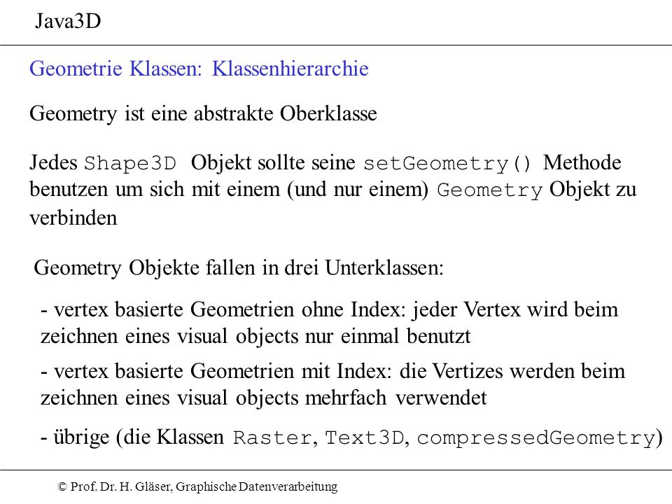 Java3D Geometrie Klassen: Klassenhierarchie. Geometry ist eine abstrakte Oberklasse. Jedes Shape3D Objekt sollte seine setGeometry() Methode.