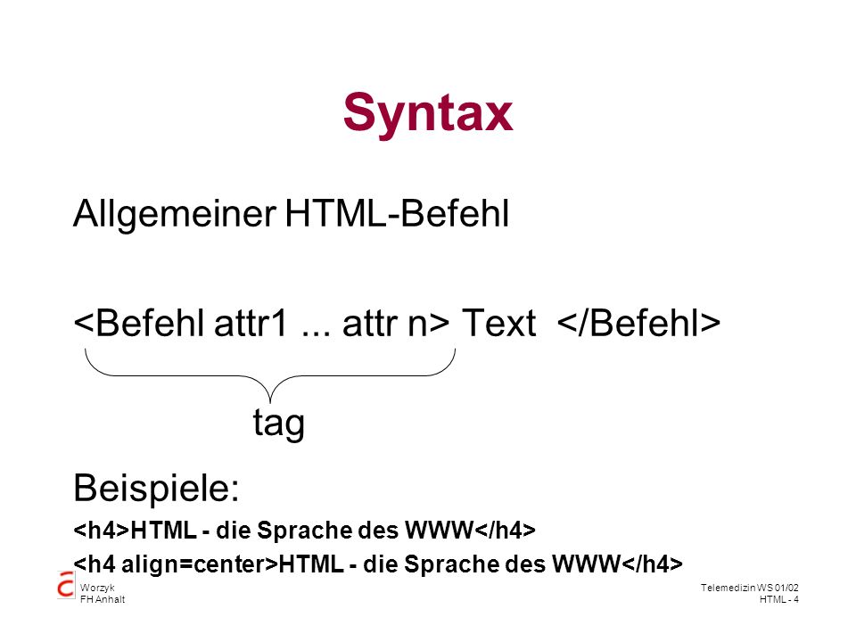Syntax Allgemeiner HTML-Befehl