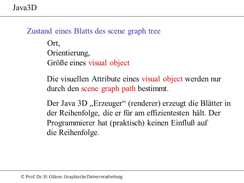 Java3D Zustand eines Blatts des scene graph tree. Ort, Orientierung, Größe eines visual object.