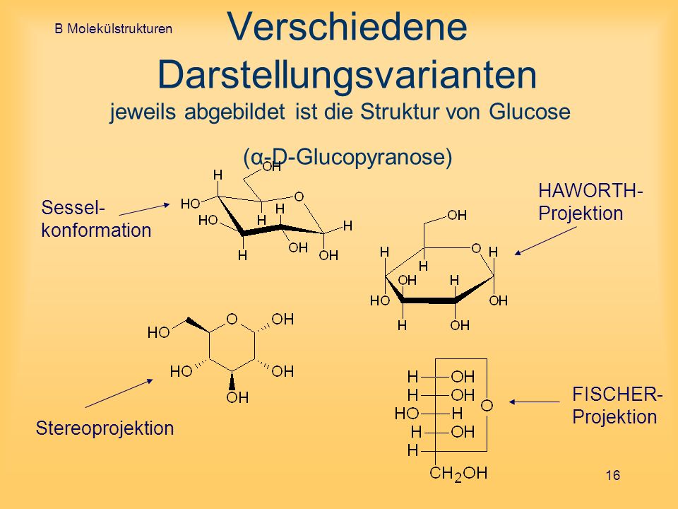 B Molekülstrukturen Verschiedene Darstellungsvarianten jeweils abgebildet ist die Struktur von Glucose (α-D-Glucopyranose)
