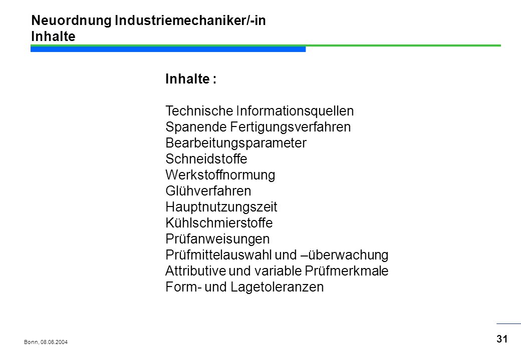 Neuordnung Industriemechaniker/-in Inhalte