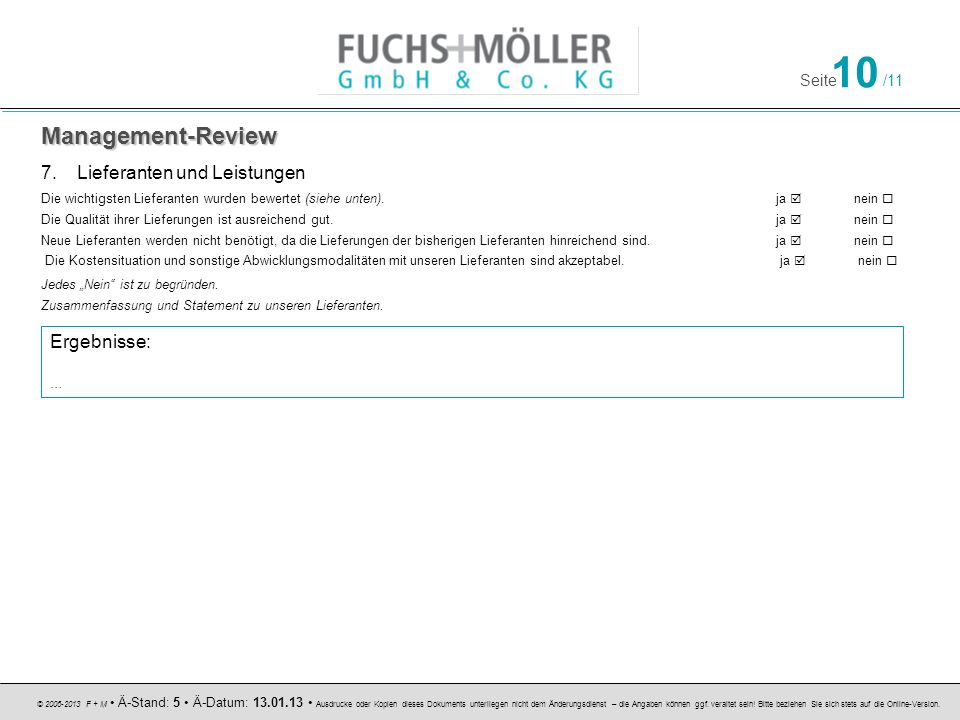 Management-Review Lieferanten und Leistungen Ergebnisse: