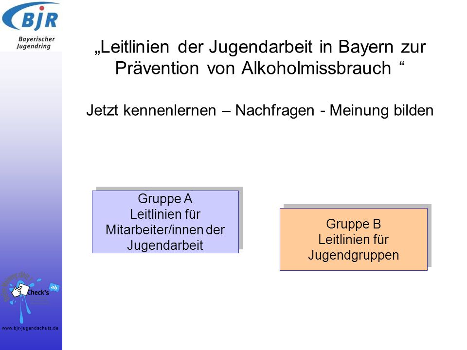 „Leitlinien der Jugendarbeit in Bayern zur Prävention von Alkoholmissbrauch Jetzt kennenlernen – Nachfragen - Meinung bilden