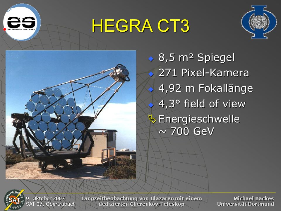 HEGRA CT3 8,5 m² Spiegel 271 Pixel-Kamera 4,92 m Fokallänge