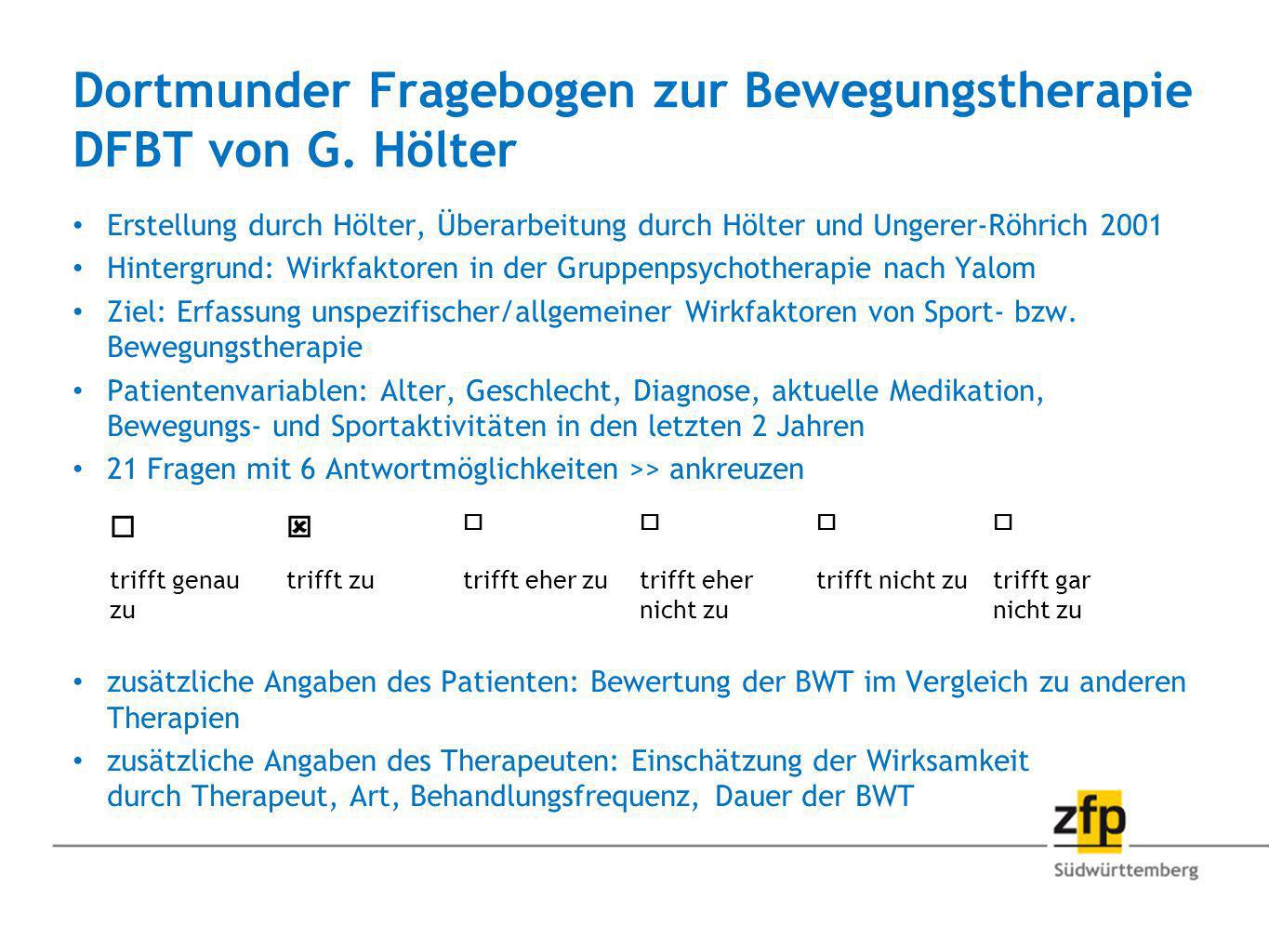 Dortmunder Fragebogen zur Bewegungstherapie DFBT von G. Hölter
