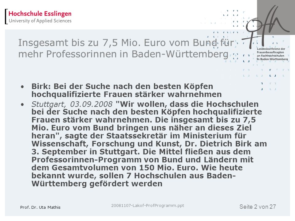 Insgesamt bis zu 7,5 Mio. Euro vom Bund für mehr Professorinnen in Baden-Württemberg