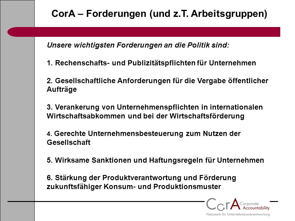 CorA – Forderungen (und z.T. Arbeitsgruppen)