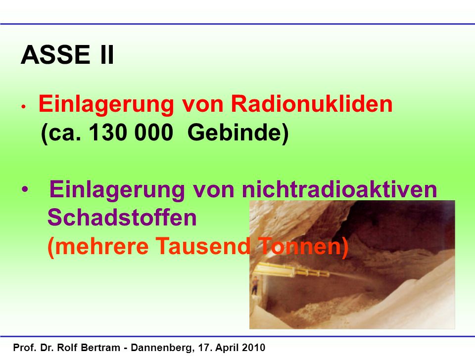ASSE II Einlagerung von Radionukliden. (ca Gebinde) Einlagerung von nichtradioaktiven Schadstoffen.