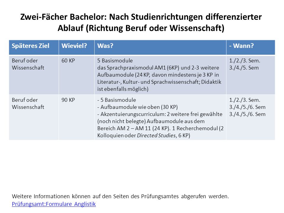 Zwei-Fächer Bachelor: Nach Studienrichtungen differenzierter Ablauf (Richtung Beruf oder Wissenschaft)