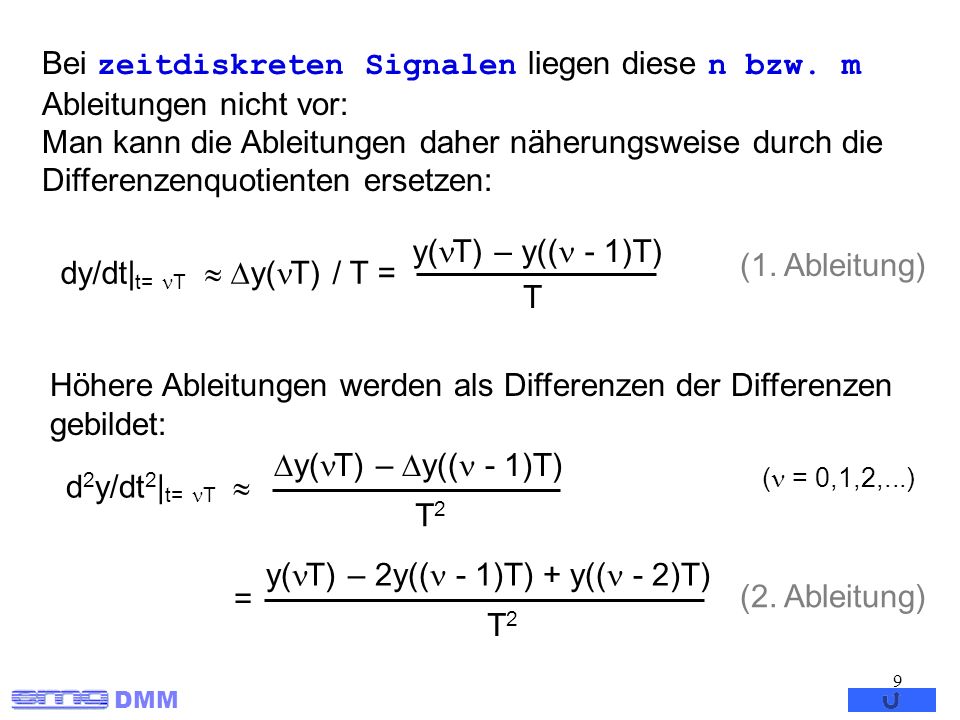 dy/dt|t= T  y(T) / T = y(T) – y(( - 1)T) T (1. Ableitung)