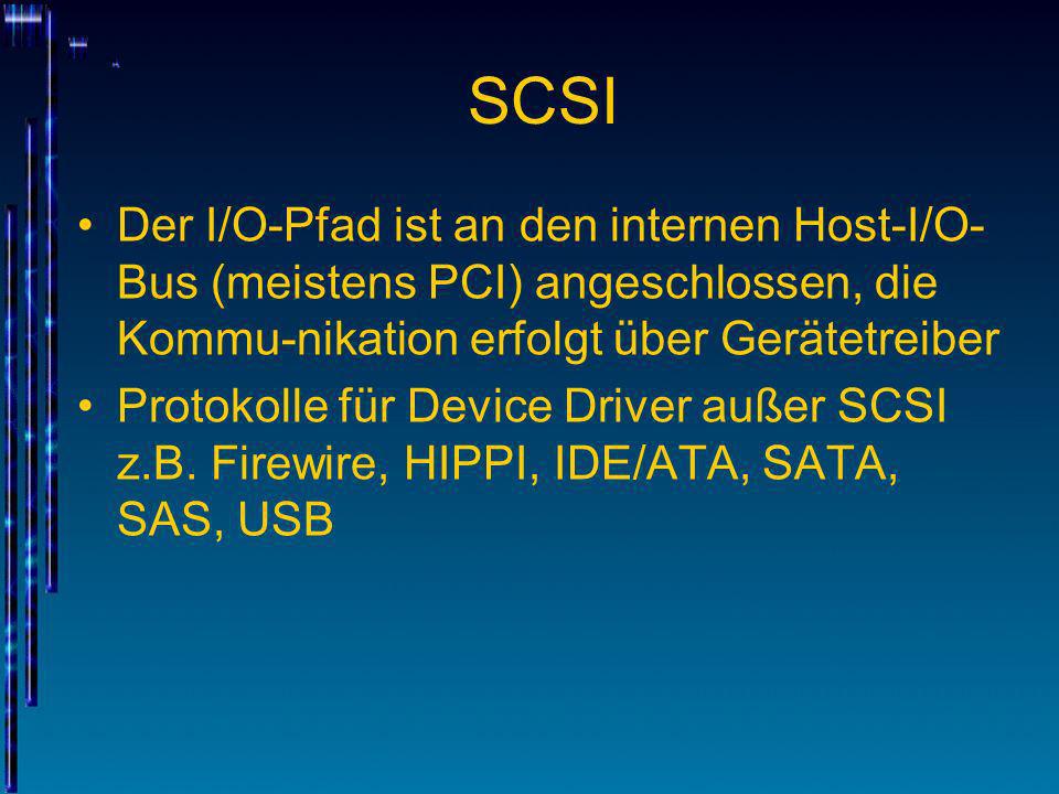 SCSI Der I/O-Pfad ist an den internen Host-I/O-Bus (meistens PCI) angeschlossen, die Kommu-nikation erfolgt über Gerätetreiber.