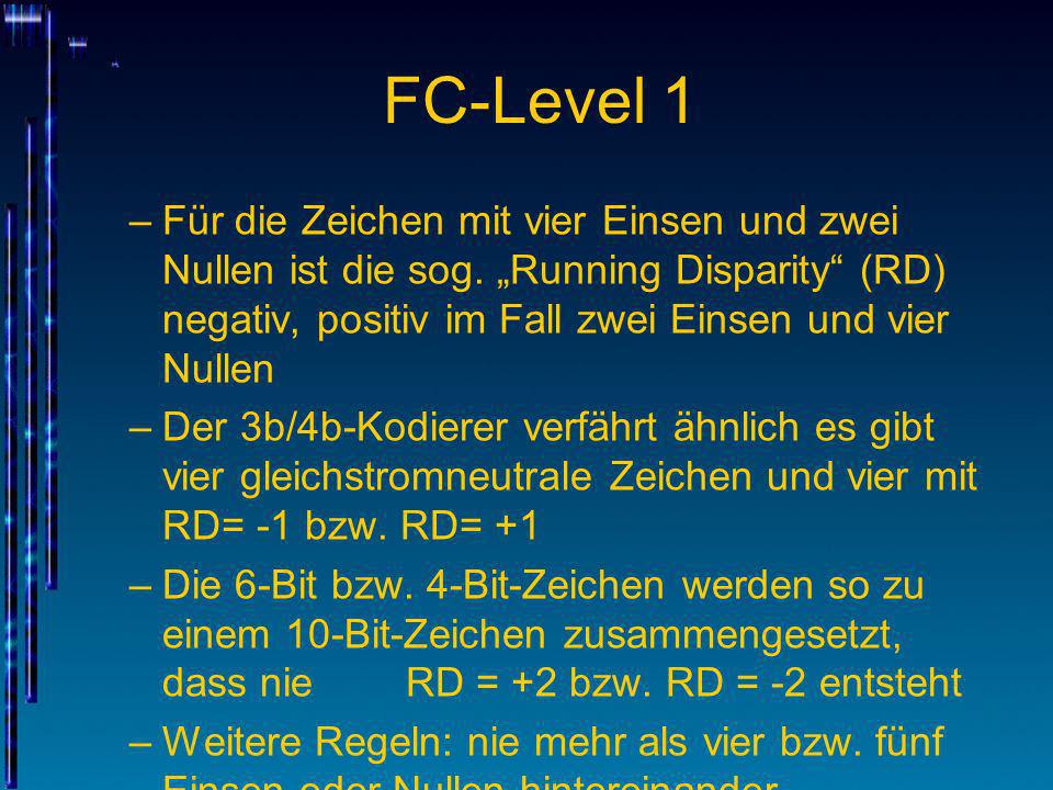 FC-Level 1 Für die Zeichen mit vier Einsen und zwei Nullen ist die sog. „Running Disparity (RD) negativ, positiv im Fall zwei Einsen und vier Nullen.