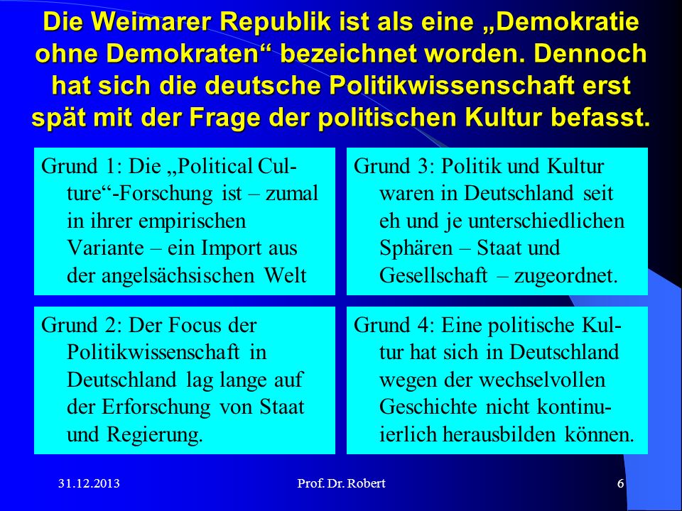 Die Weimarer Republik ist als eine „Demokratie ohne Demokraten bezeichnet worden. Dennoch hat sich die deutsche Politikwissenschaft erst spät mit der Frage der politischen Kultur befasst.