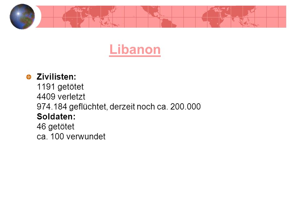 Libanon Zivilisten: 1191 getötet 4409 verletzt geflüchtet, derzeit noch ca.