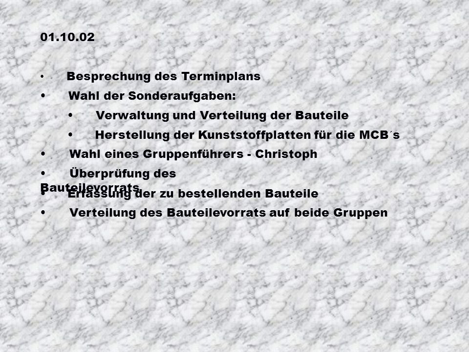 Besprechung des Terminplans. Wahl der Sonderaufgaben: Verwaltung und Verteilung der Bauteile.