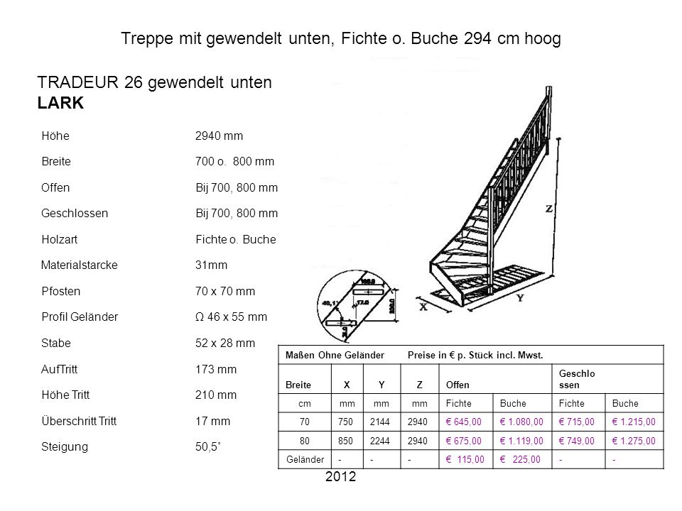 Treppe mit gewendelt unten, Fichte o. Buche 294 cm hoog