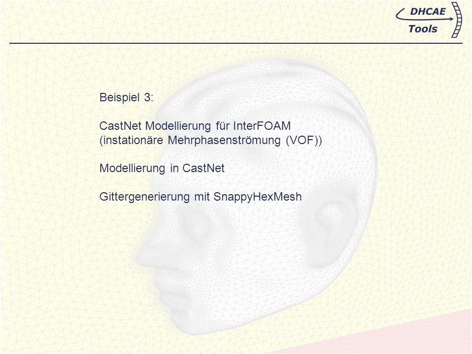 Beispiel 3: CastNet Modellierung für InterFOAM. (instationäre Mehrphasenströmung (VOF)) Modellierung in CastNet.