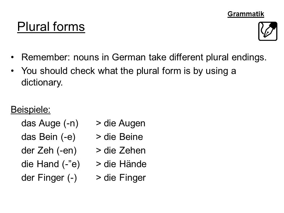 Plural forms Remember: nouns in German take different plural endings.