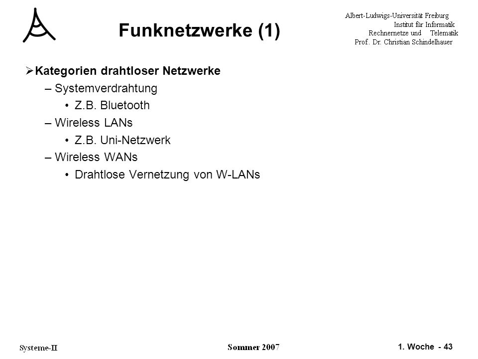 Funknetzwerke (1) Kategorien drahtloser Netzwerke Systemverdrahtung