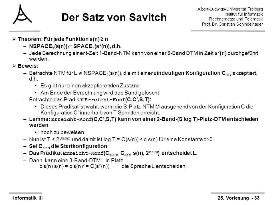 Der Satz von Savitch Theorem: Für jede Funktion s(n) ≥ n
