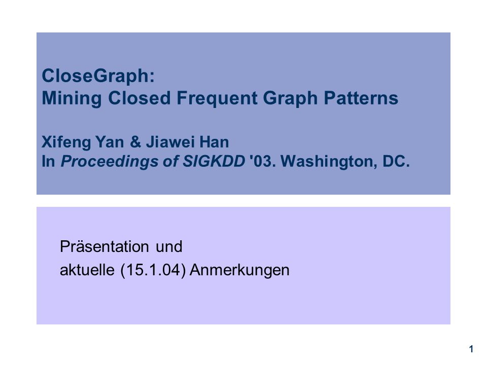 CloseGraph: Mining Closed Frequent Graph Patterns Xifeng Yan & Jiawei Han In Proceedings of SIGKDD 03. Washington, DC.