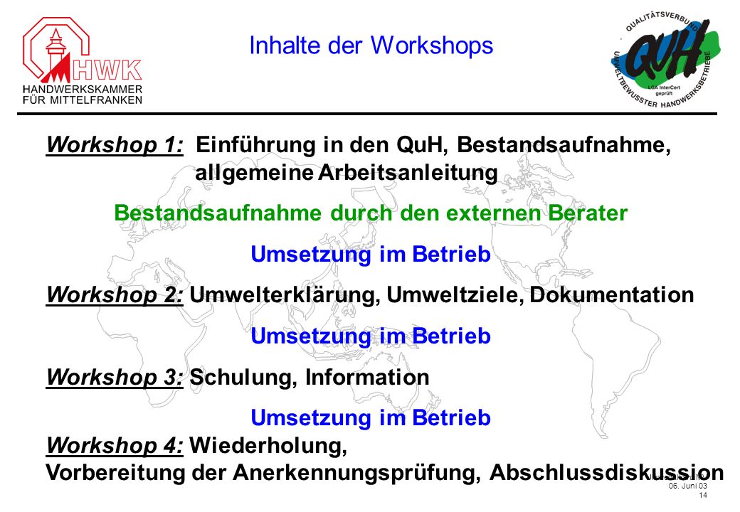 Inhalte der Workshops Workshop 1: Einführung in den QuH, Bestandsaufnahme, allgemeine Arbeitsanleitung.
