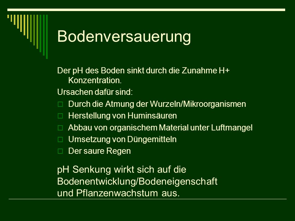 Bodenversauerung Der pH des Boden sinkt durch die Zunahme H+ Konzentration. Ursachen dafür sind: Durch die Atmung der Wurzeln/Mikroorganismen.