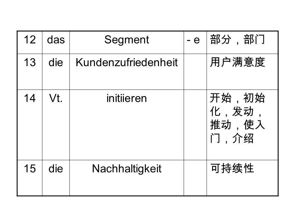 12 das. Segment. - e. 部分，部门. 13. die. Kundenzufriedenheit. 用户满意度. 14. Vt. initiieren. 开始，初始化，发动，推动，使入门，介绍.