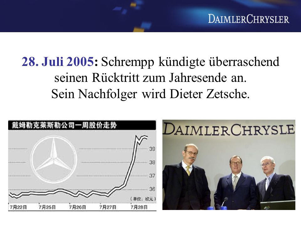 28. Juli 2005: Schrempp kündigte überraschend seinen Rücktritt zum Jahresende an.