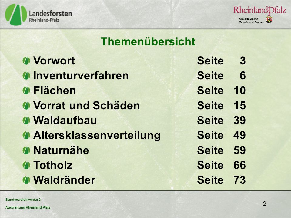 Themenübersicht Vorwort Seite 3. Inventurverfahren Seite 6. Flächen Seite 10.