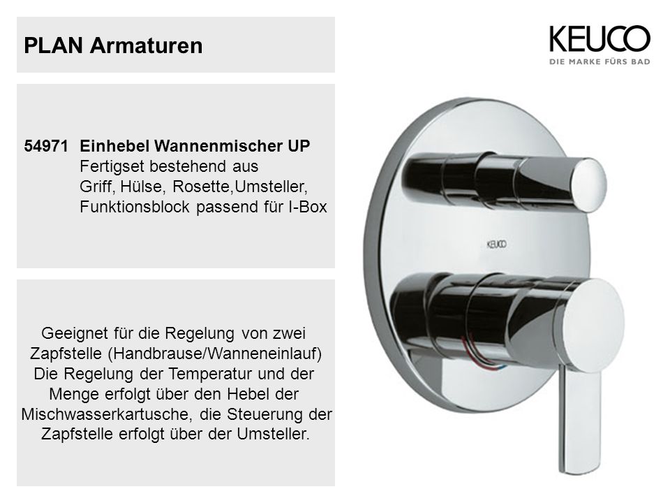 PLAN Armaturen Einhebel Wannenmischer UP Fertigset bestehend aus Griff, Hülse, Rosette,Umsteller, Funktionsblock passend für I-Box.