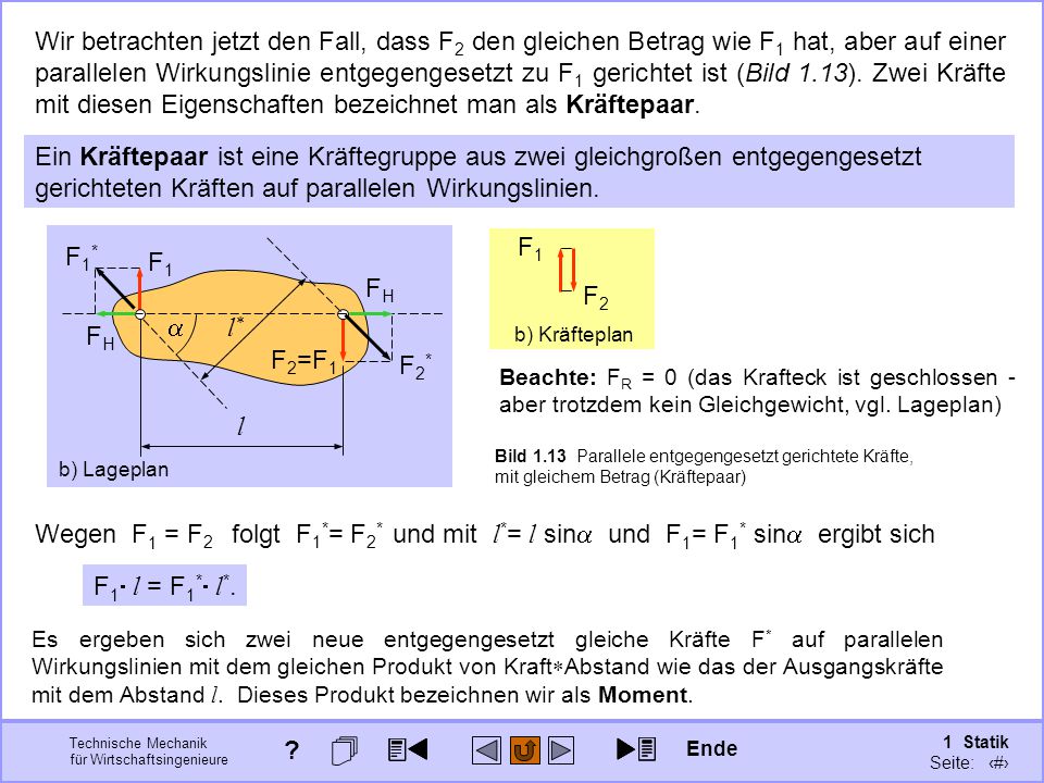 Bild 1.13 Parallele entgegengesetzt gerichtete Kräfte, mit gleichem Betrag (Kräftepaar)