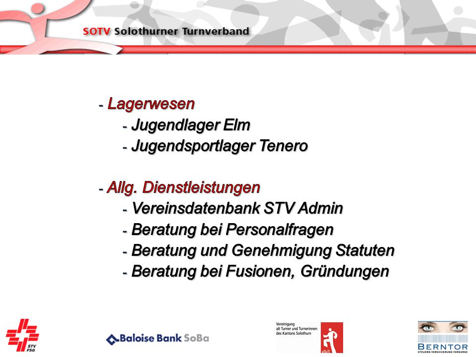 Lagerwesen Jugendlager Elm. Jugendsportlager Tenero. Allg. Dienstleistungen. Vereinsdatenbank STV Admin.