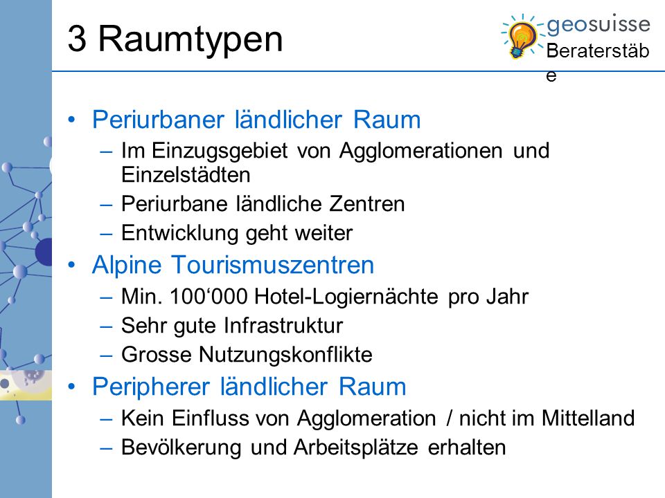 3 Raumtypen Periurbaner ländlicher Raum Alpine Tourismuszentren