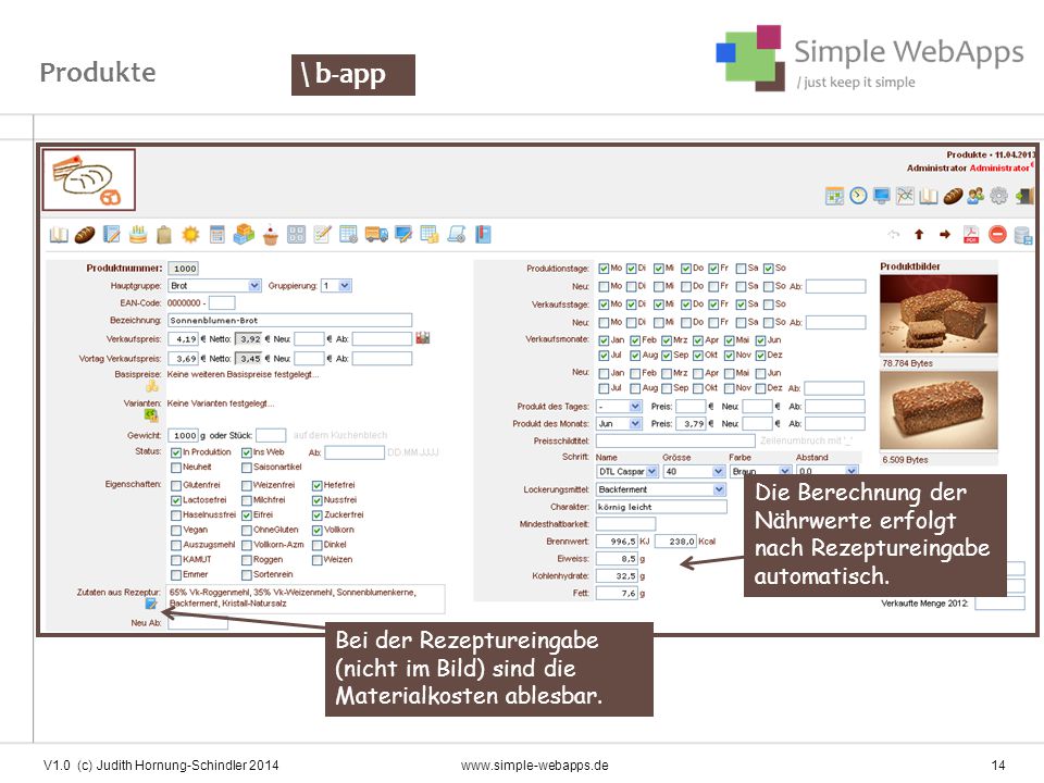 Produkte \ b-app. Die Berechnung der Nährwerte erfolgt nach Rezeptureingabe automatisch.