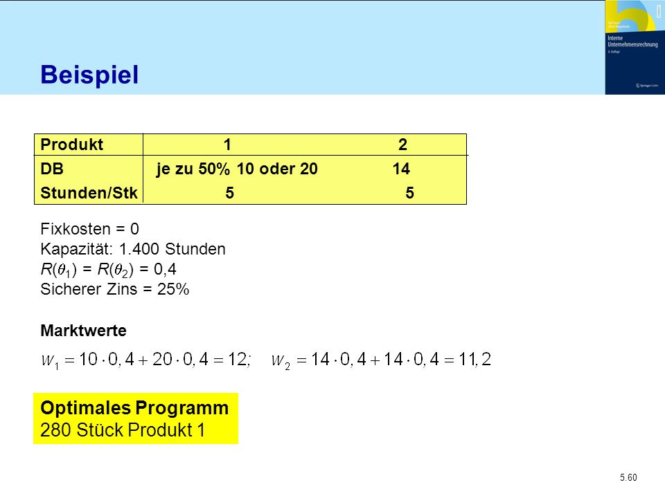 Beispiel Optimales Programm 280 Stück Produkt 1 Produkt 1 2