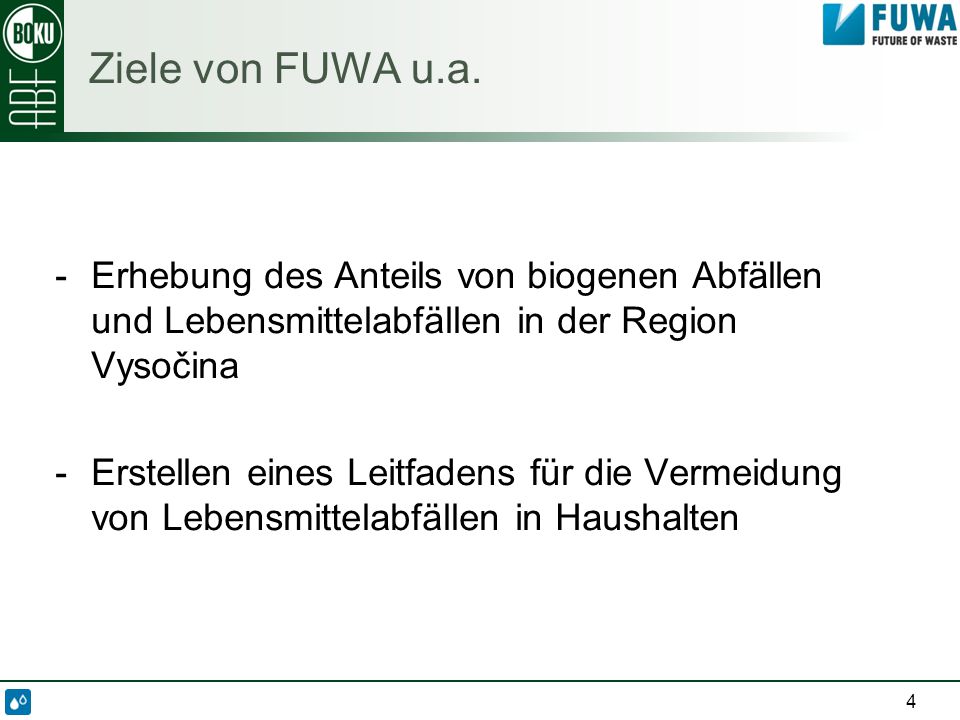 Ziele von FUWA u.a. Erhebung des Anteils von biogenen Abfällen und Lebensmittelabfällen in der Region Vysočina.