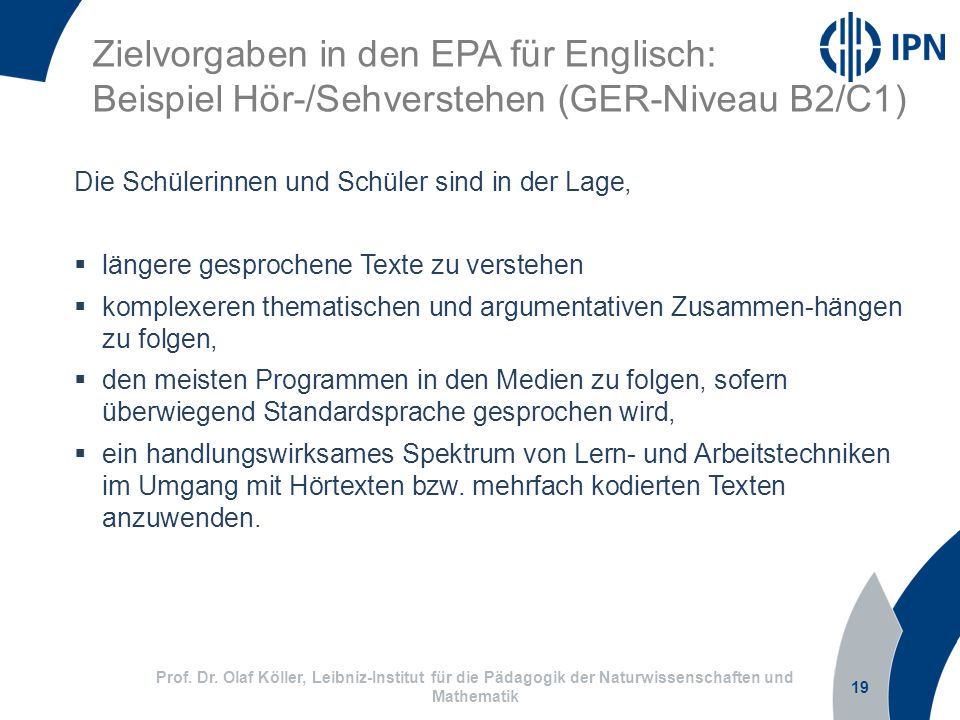Zielvorgaben in den EPA für Englisch: Beispiel Hör-/Sehverstehen (GER-Niveau B2/C1)