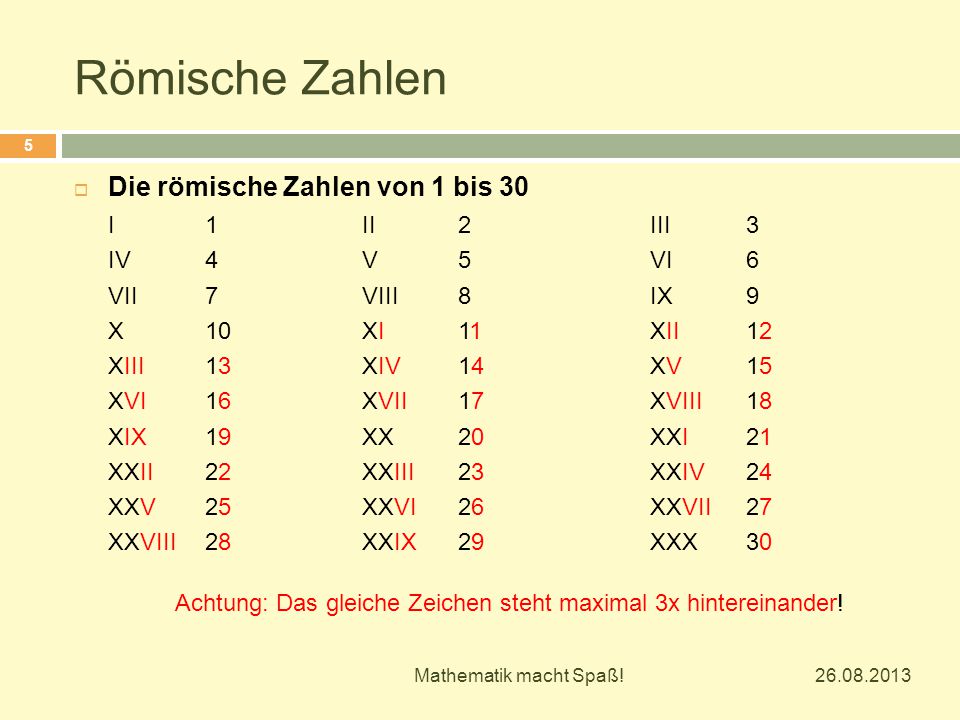 Römische Zahlen Grundrechenarten I, V, X, L, C, D, M V ppt herunterladen