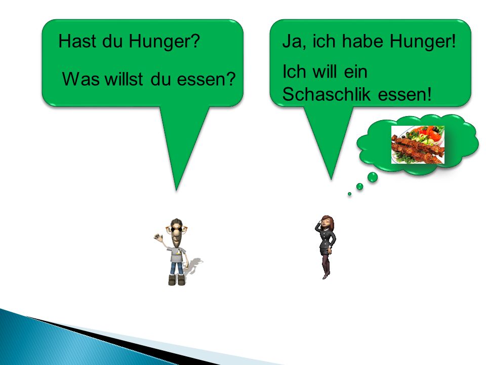 Hast du Hunger Ja, ich habe Hunger! Ich will ein Schaschlik essen! Was willst du essen